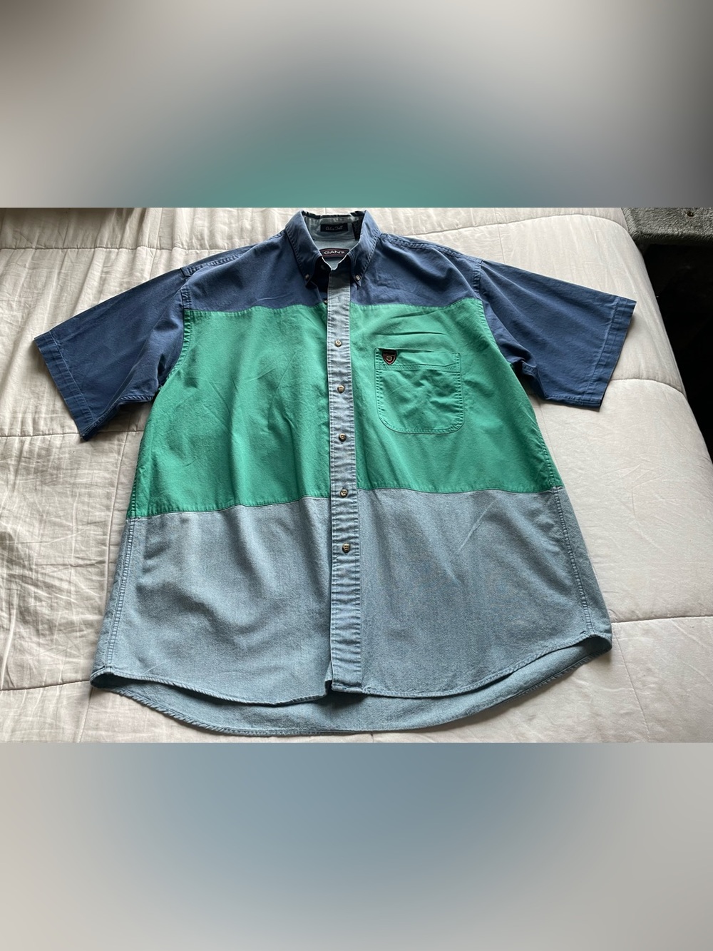 Gant Vintage Chelsea Twill Blue Colorblock Half Sleeve Button Down Shirt Large